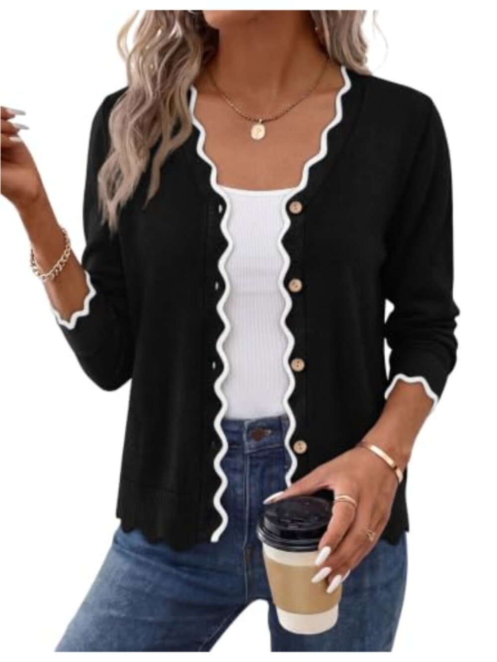 Women's Scalloped Trim Button Down Cardigan Long Sleeve Knit Sweater